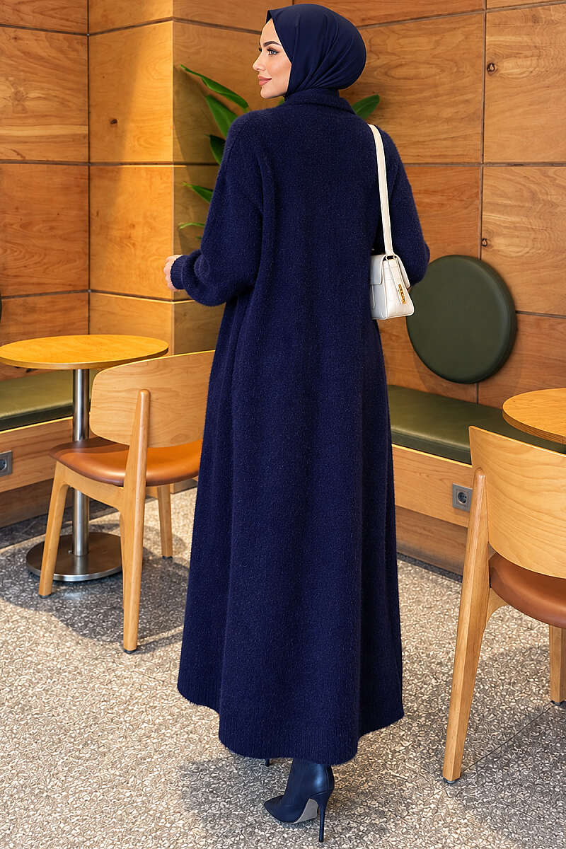 Long Shawl-Collar Brushed Cardigan - Navy