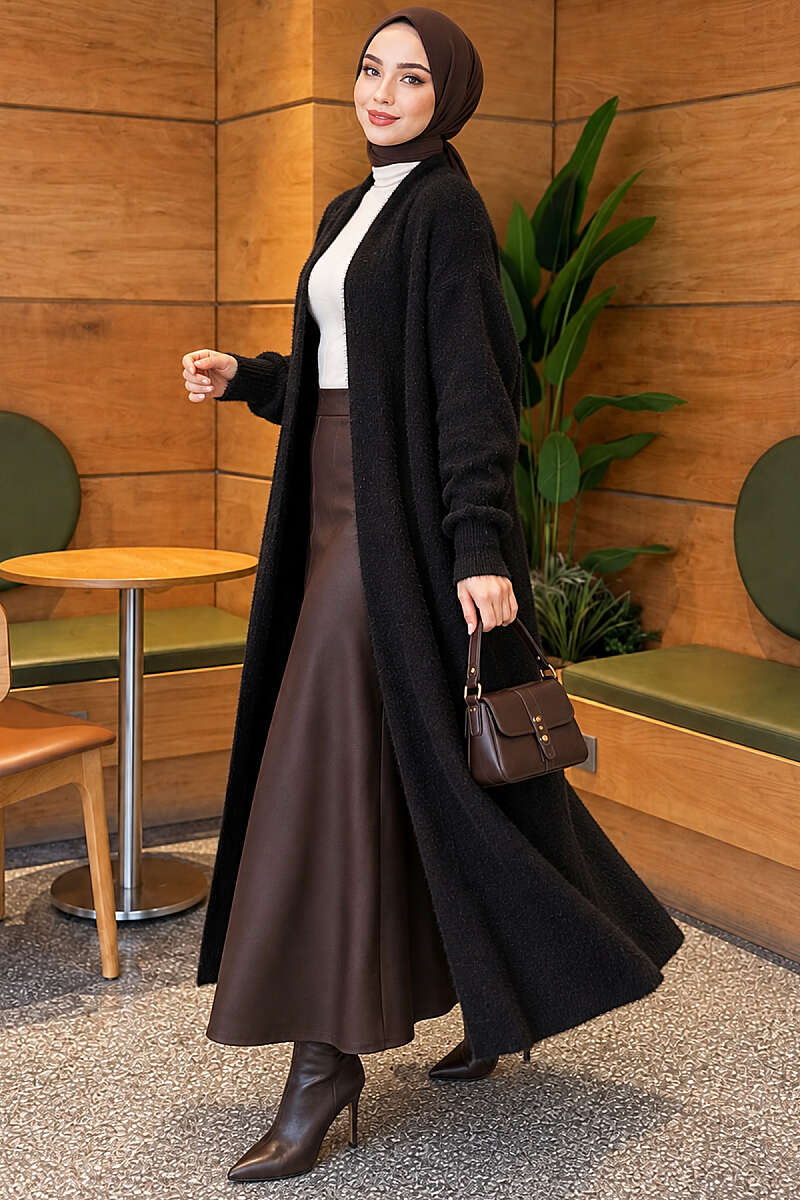 Long Shawl-Collar Brushed Cardigan - Black