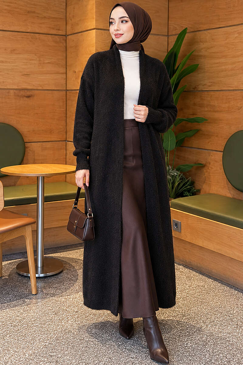 Long Shawl-Collar Brushed Cardigan - Black
