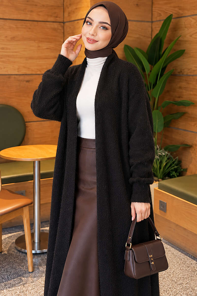 Long Shawl-Collar Brushed Cardigan - Black