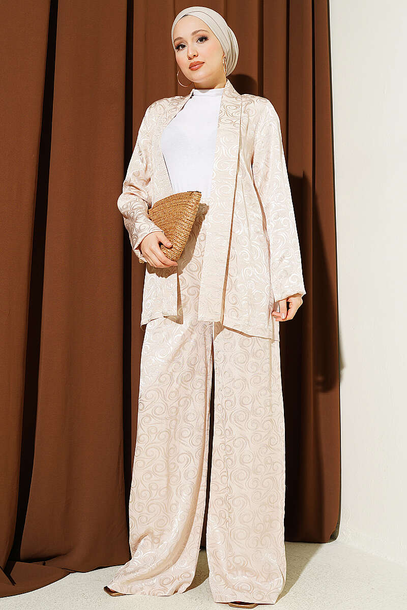 Shawl-Collar Swirl Jacquard Set - Beige