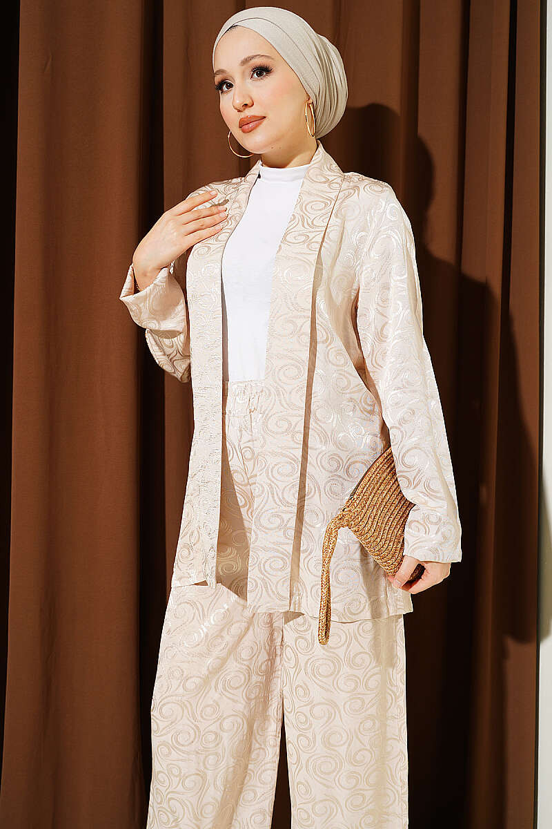 Shawl-Collar Swirl Jacquard Set - Beige