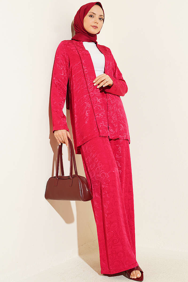 Shawl-Collar Swirl Jacquard Set - Burgundy