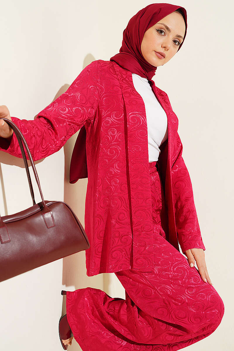 Shawl-Collar Swirl Jacquard Set - Burgundy