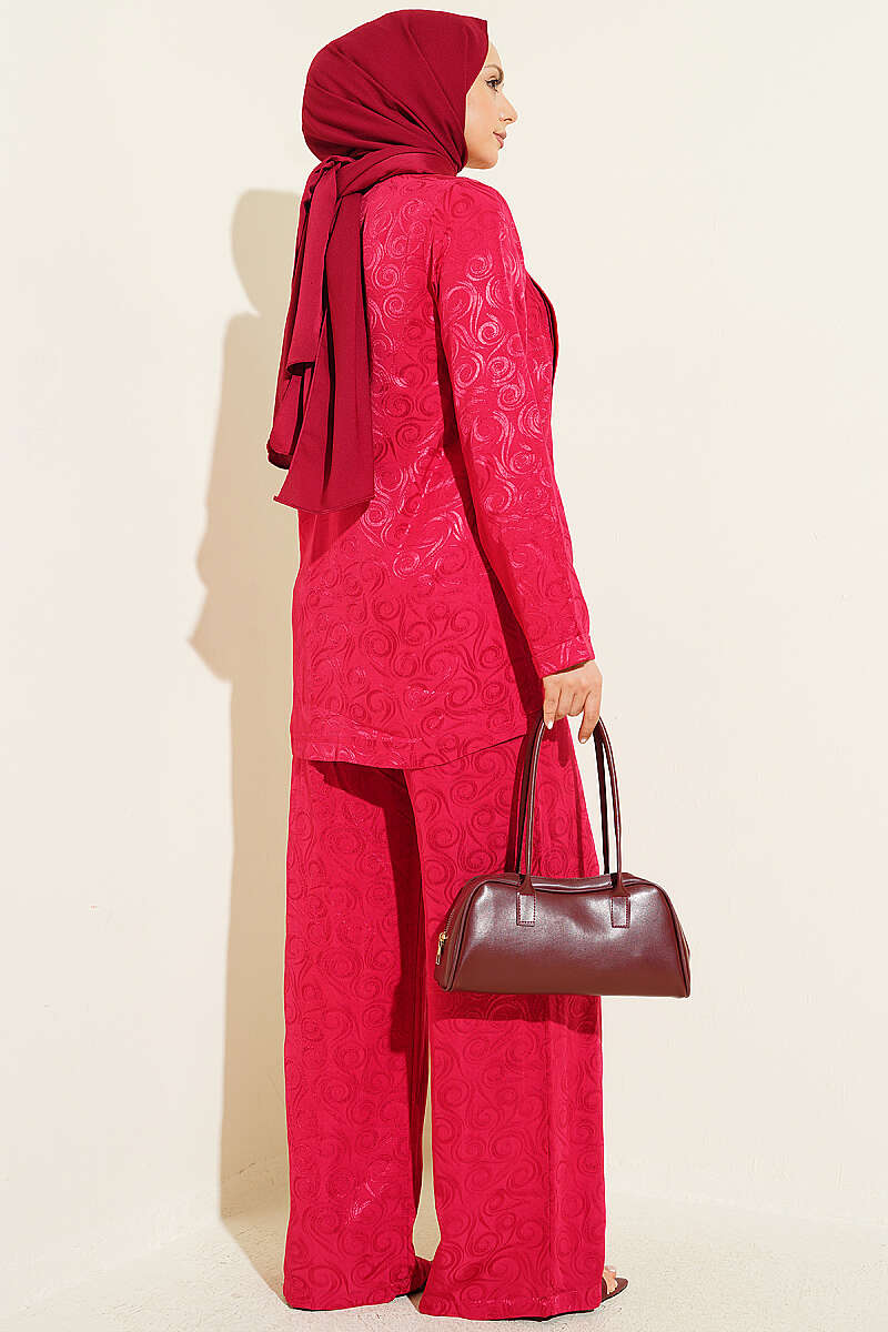 Shawl-Collar Swirl Jacquard Set - Burgundy