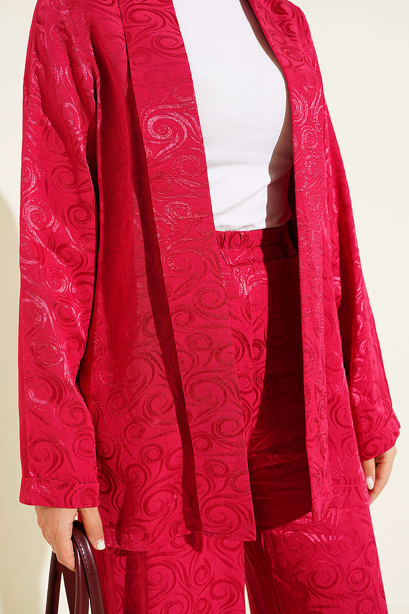 Shawl-Collar Swirl Jacquard Set - Burgundy