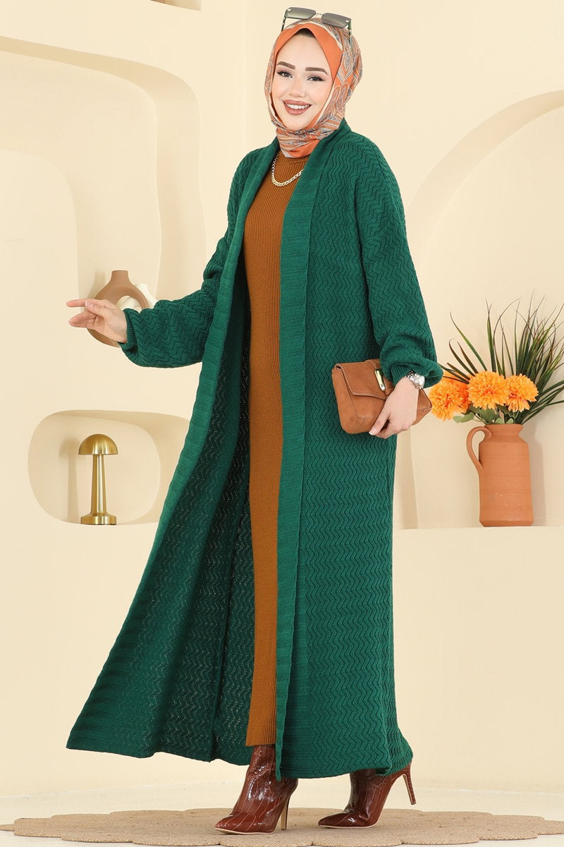 Long Shawl-Collar Knit Cardigan - Emerald