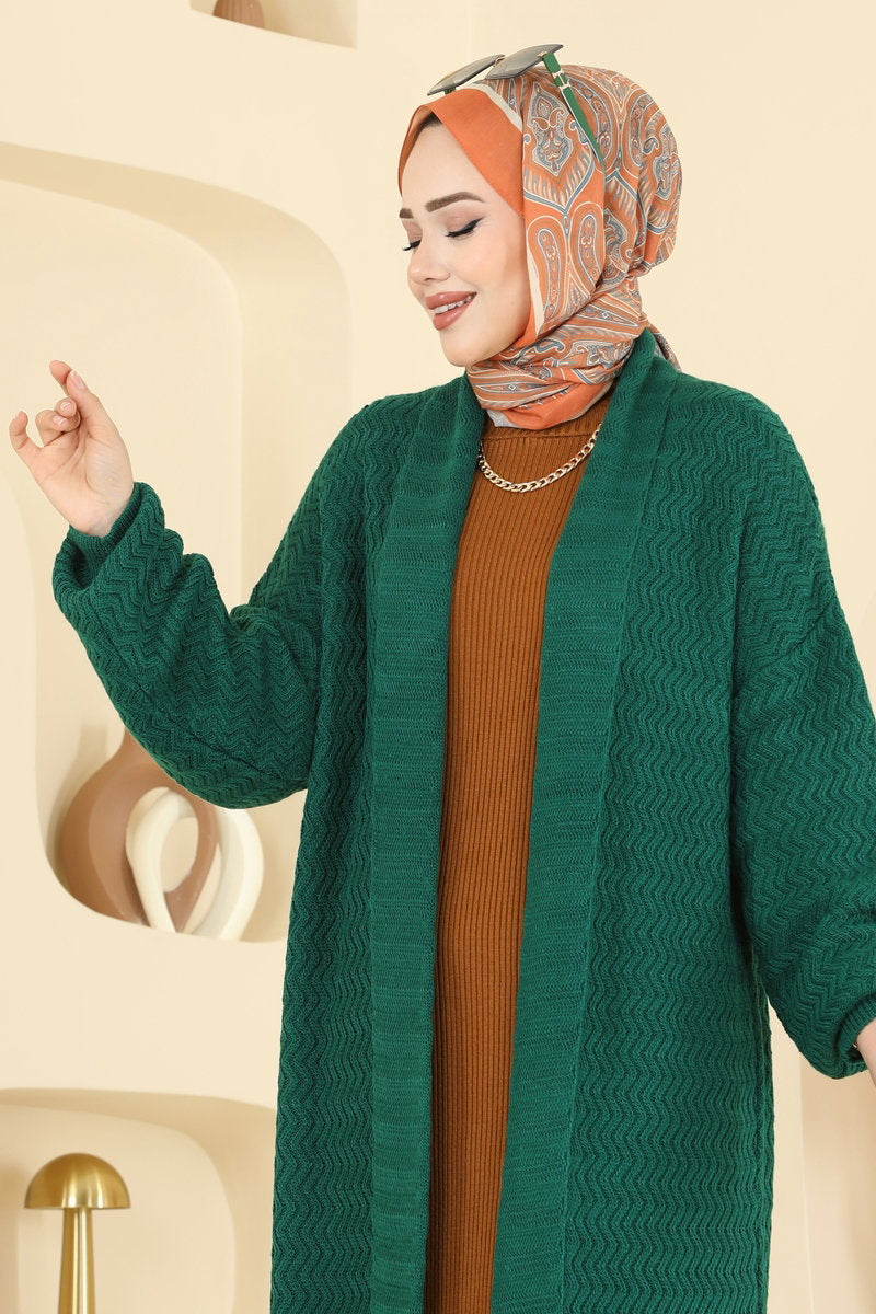 Long Shawl-Collar Knit Cardigan - Emerald