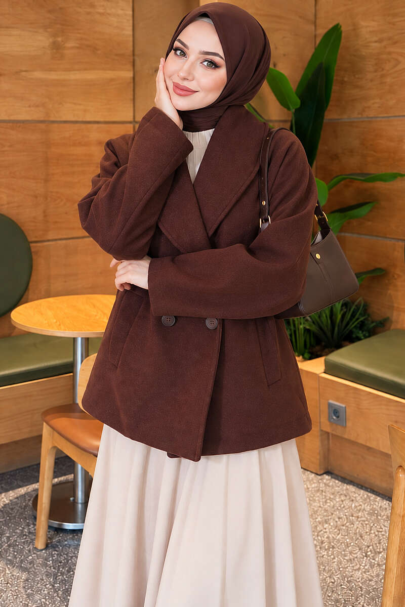 Shawl-Collar Batwing Felt Coat - Brown