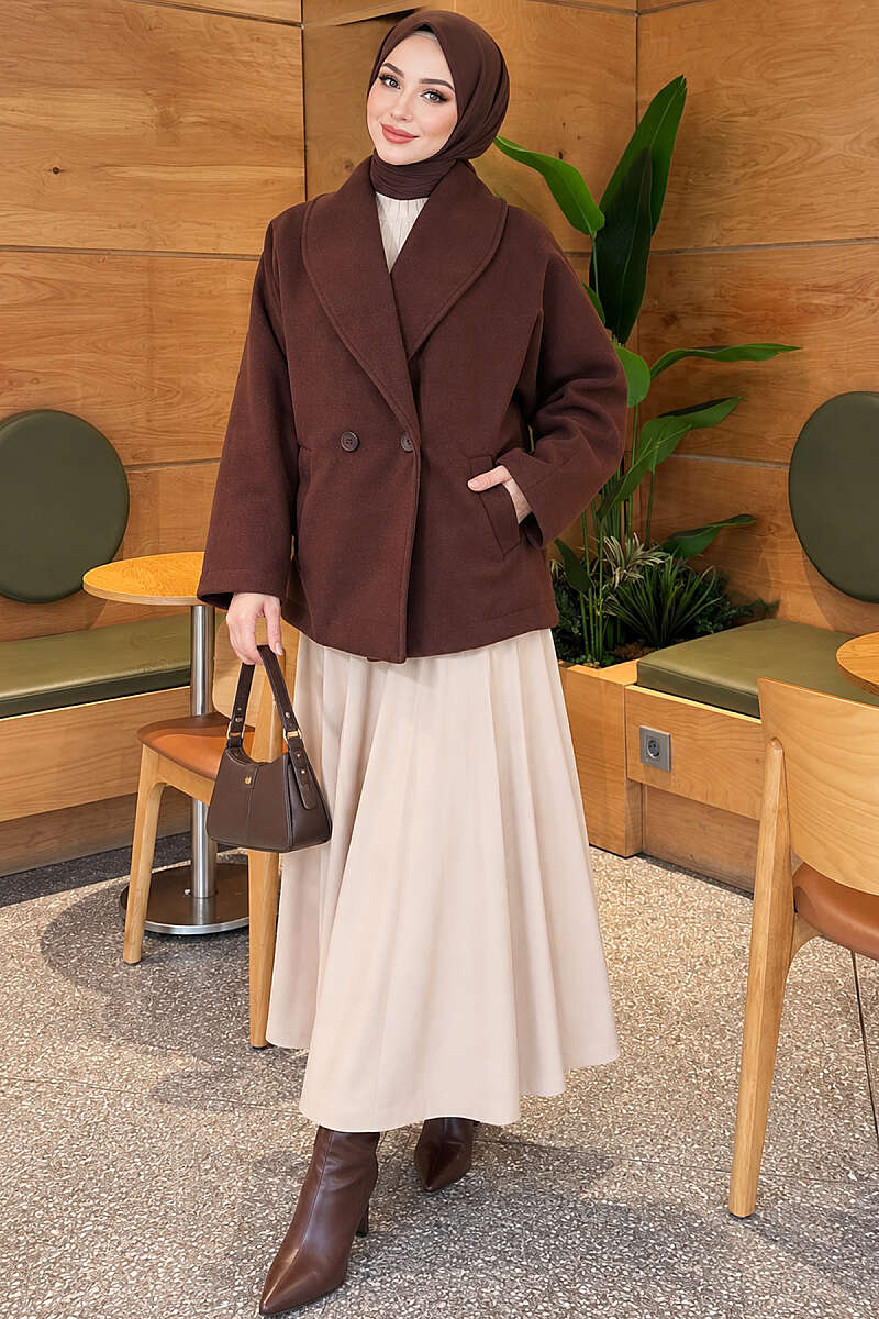 Shawl-Collar Batwing Felt Coat - Brown