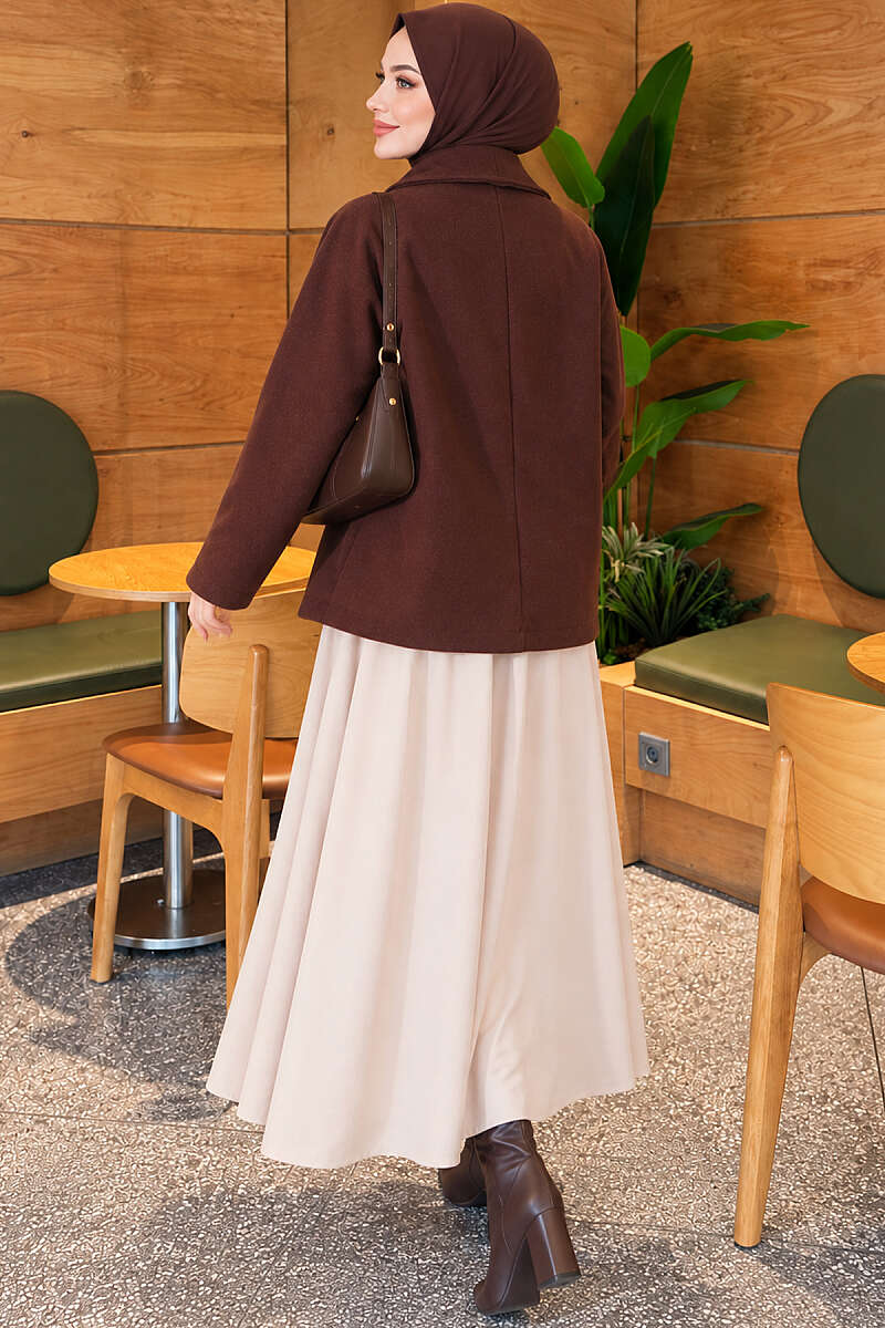 Shawl-Collar Batwing Felt Coat - Brown