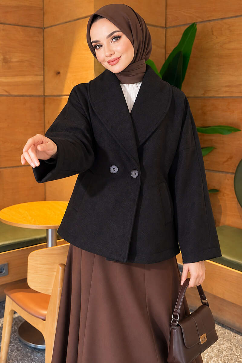 Shawl-Collar Batwing Felt Coat - Black