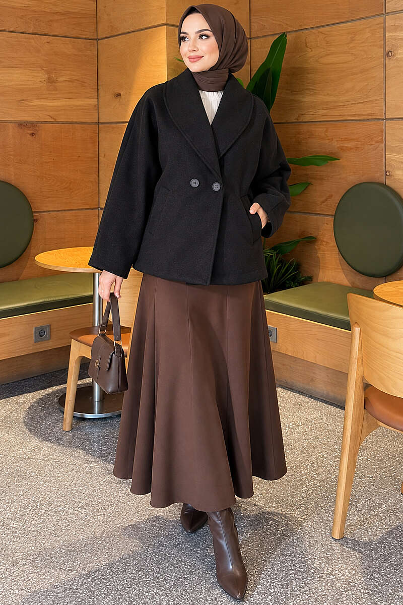 Shawl-Collar Batwing Felt Coat - Black