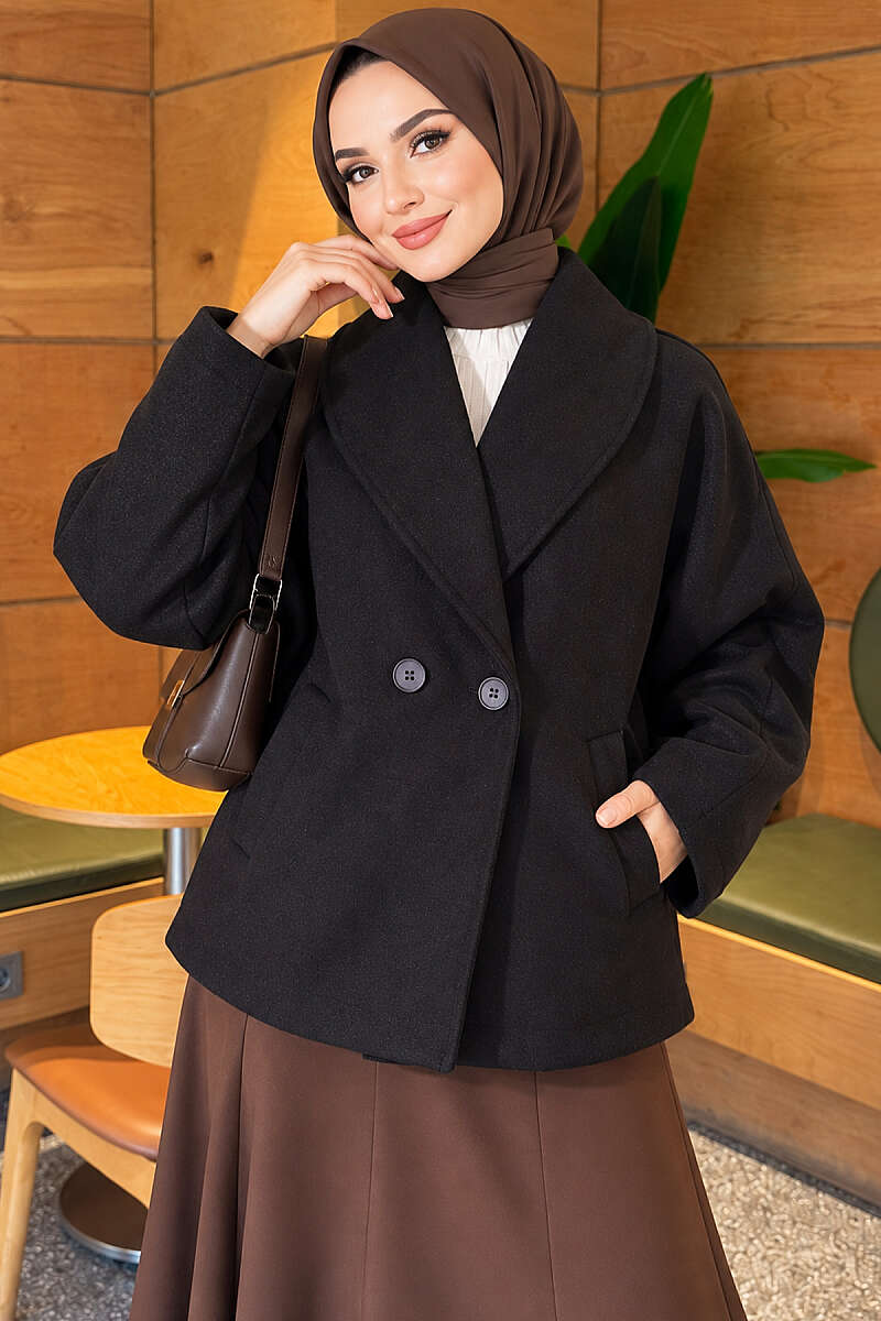 Shawl-Collar Batwing Felt Coat - Black