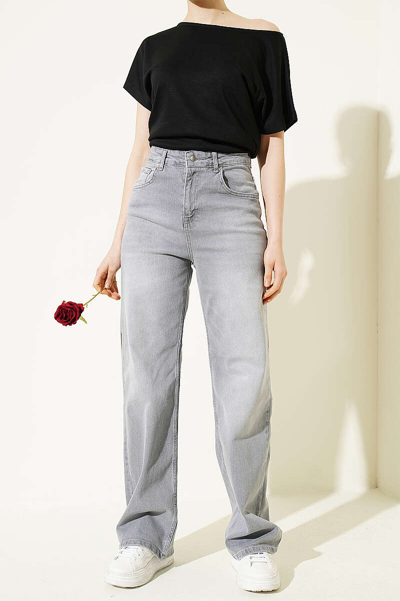 Loose Wide-Leg Denim Palazzo Pants - Grey