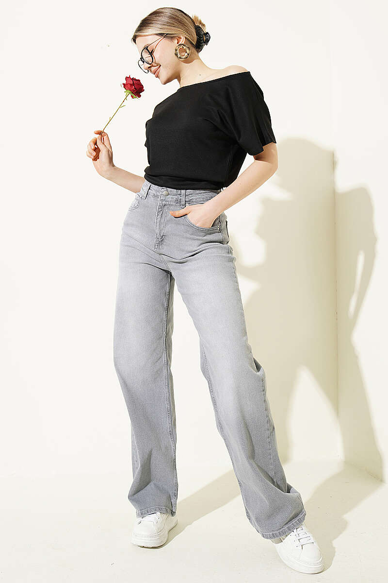Loose Wide-Leg Denim Palazzo Pants - Grey