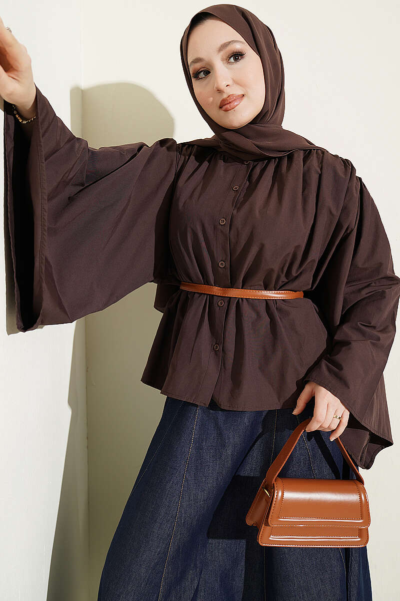 Short Oversized Shirt with Loose Sleeves - Brown