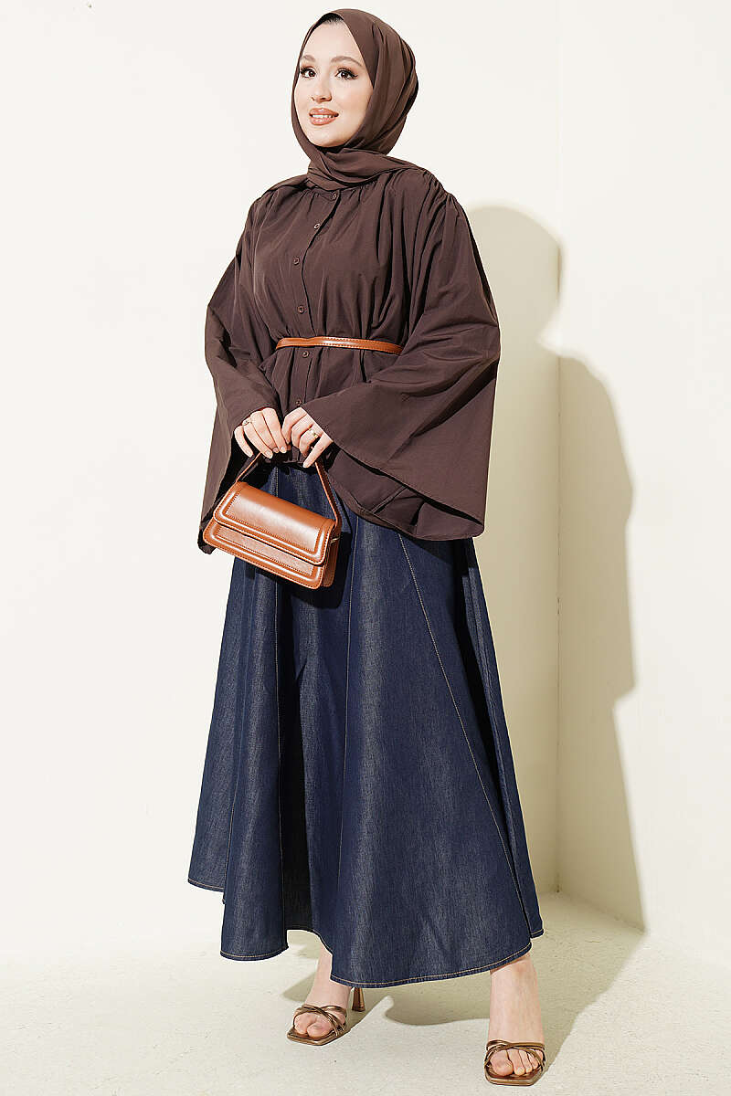 Short Oversized Shirt with Loose Sleeves - Brown