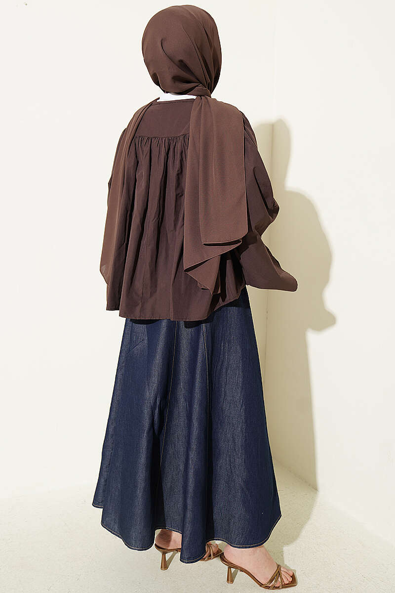Short Oversized Shirt with Loose Sleeves - Brown