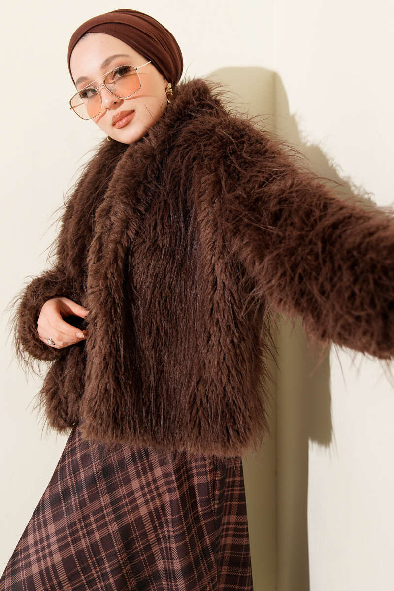 Loose Coat with Faux Fur Detail - Brown