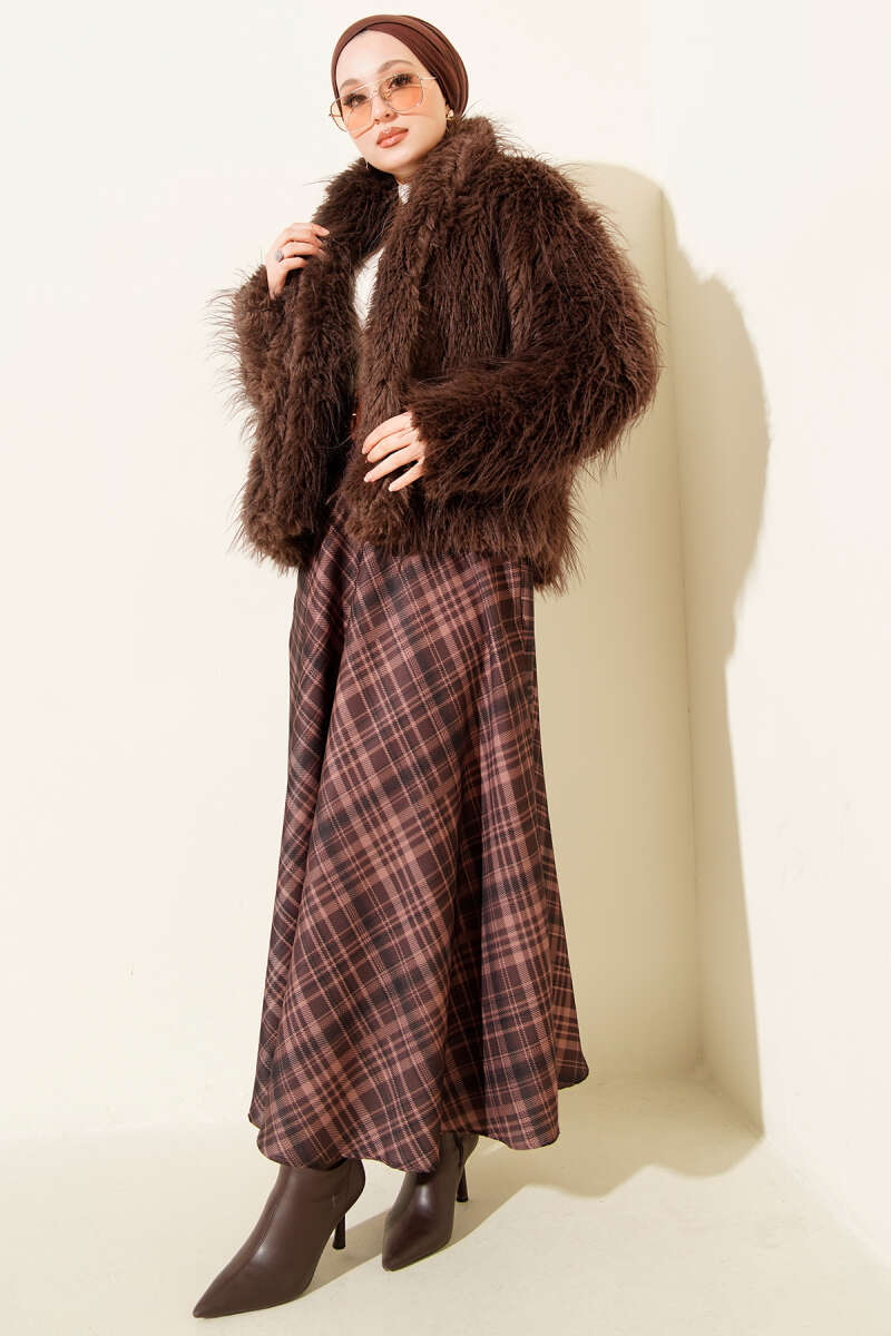 Loose Coat with Faux Fur Detail - Brown