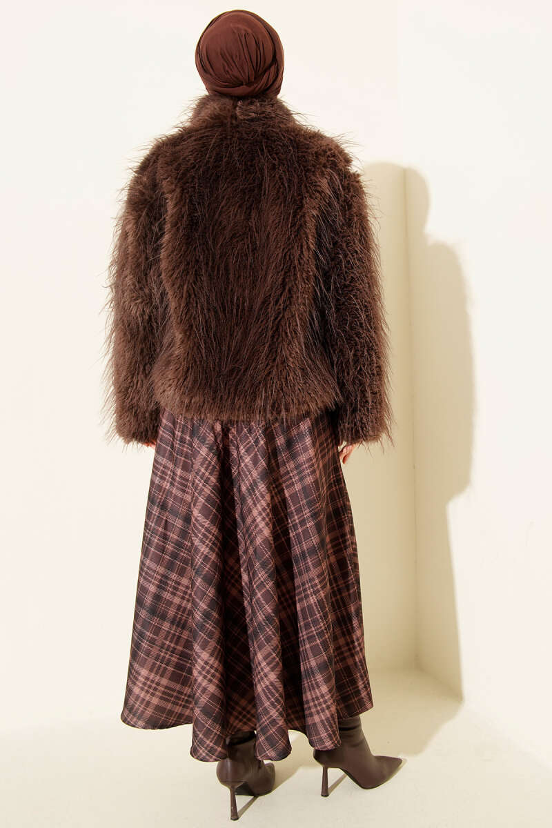 Loose Coat with Faux Fur Detail - Brown