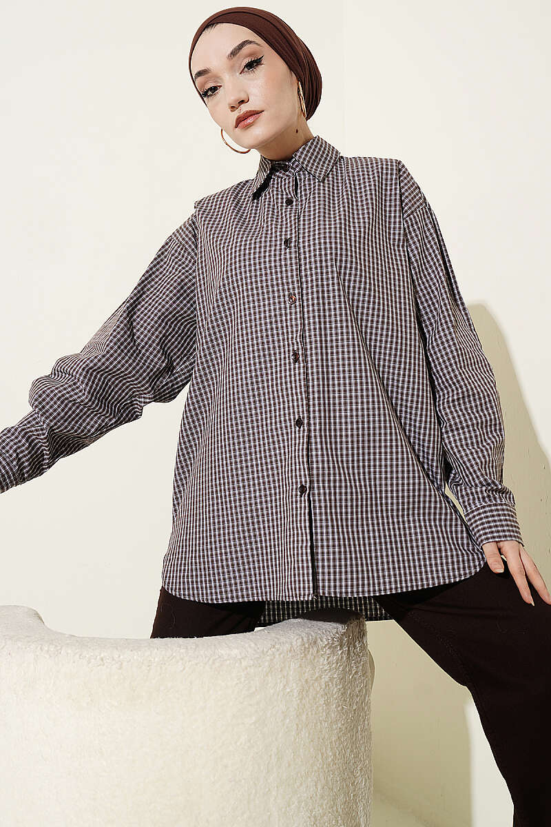 Loose Gingham Shirt - Brown