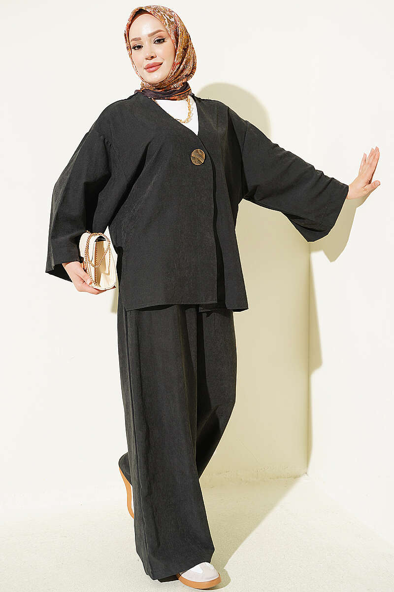 Loose Single-Button Two-Piece Set - Black