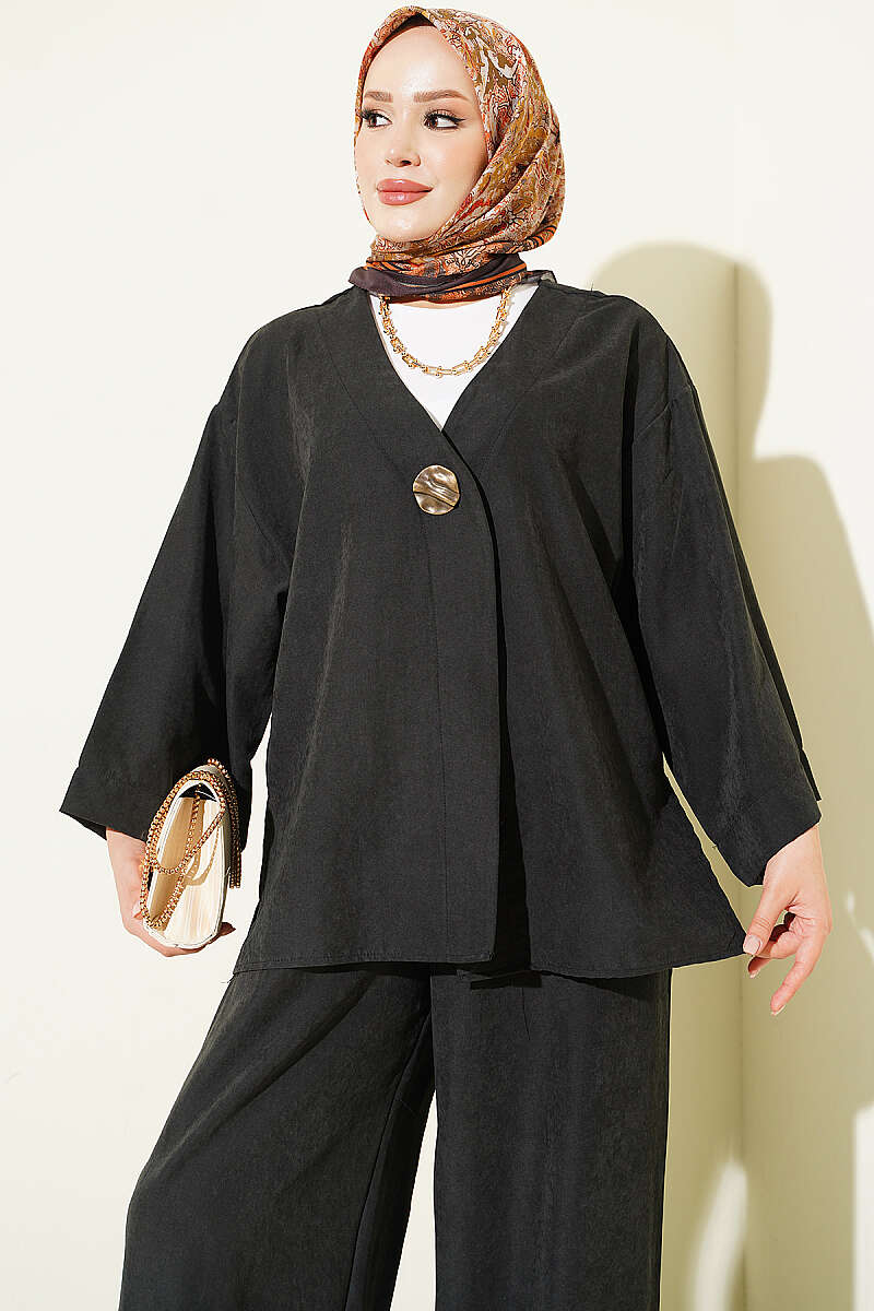 Loose Single-Button Two-Piece Set - Black