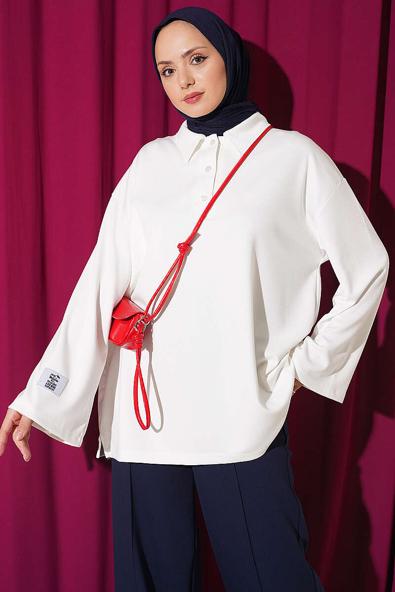 Loose Jersey Tunic with Slits - Ecru