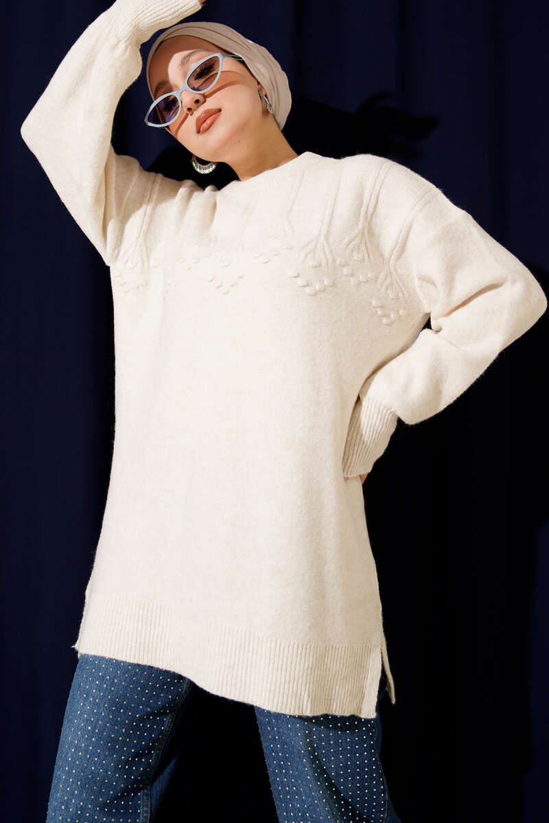 Soft Knit Tunic with Embossed Clusters - Ecru