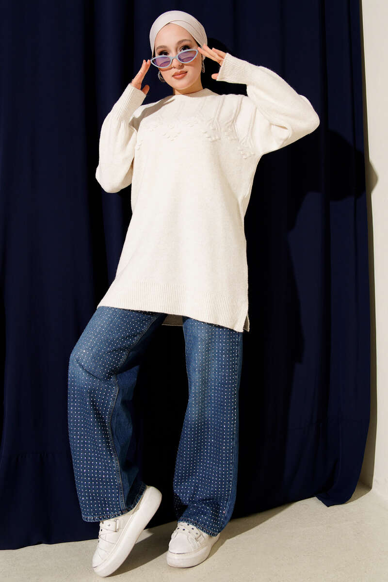 Soft Knit Tunic with Embossed Clusters - Ecru