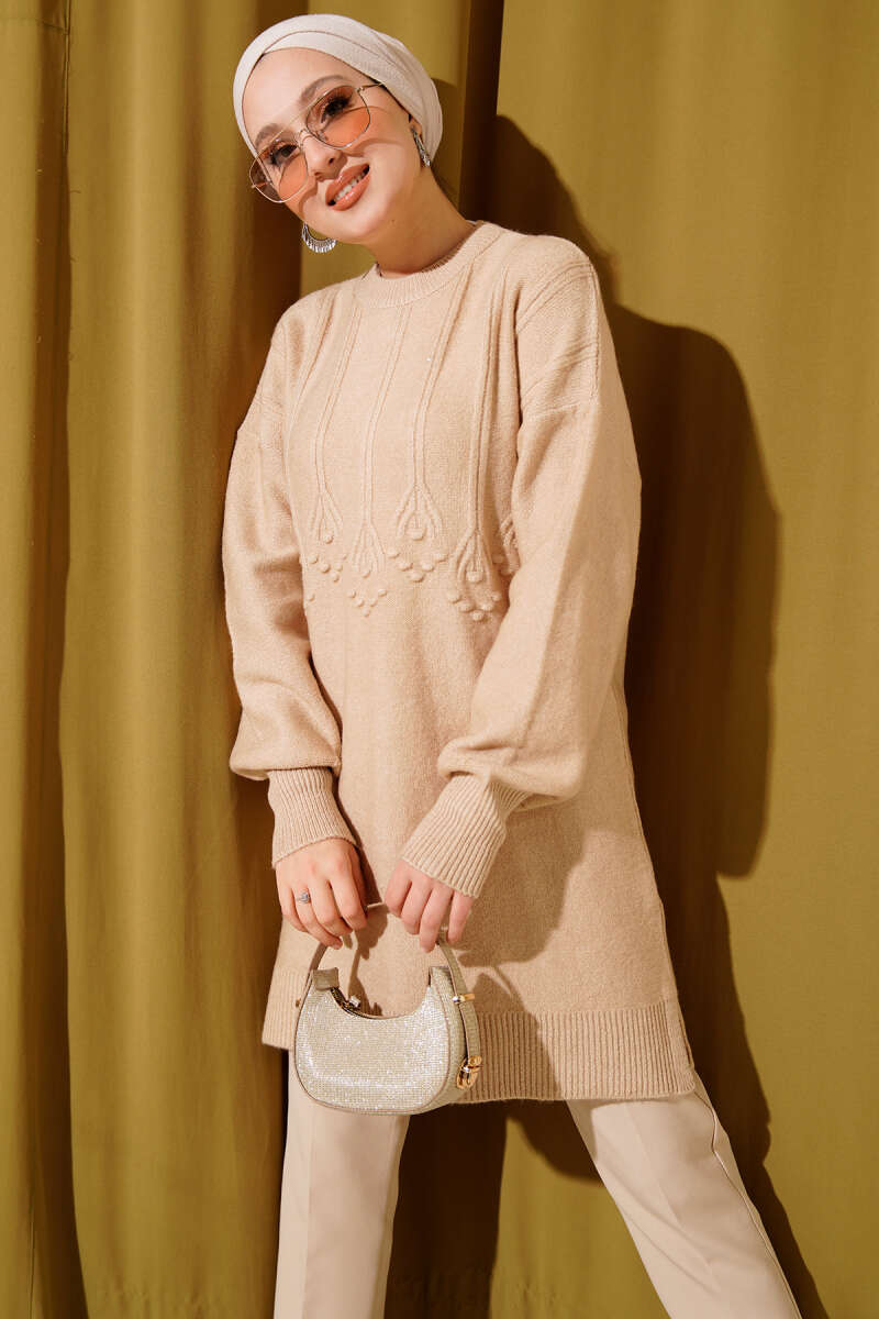 Soft Knit Tunic with Embossed Clusters - Latte