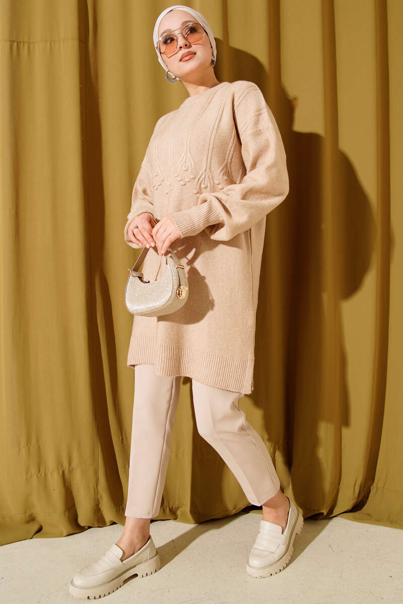 Soft Knit Tunic with Embossed Clusters - Latte