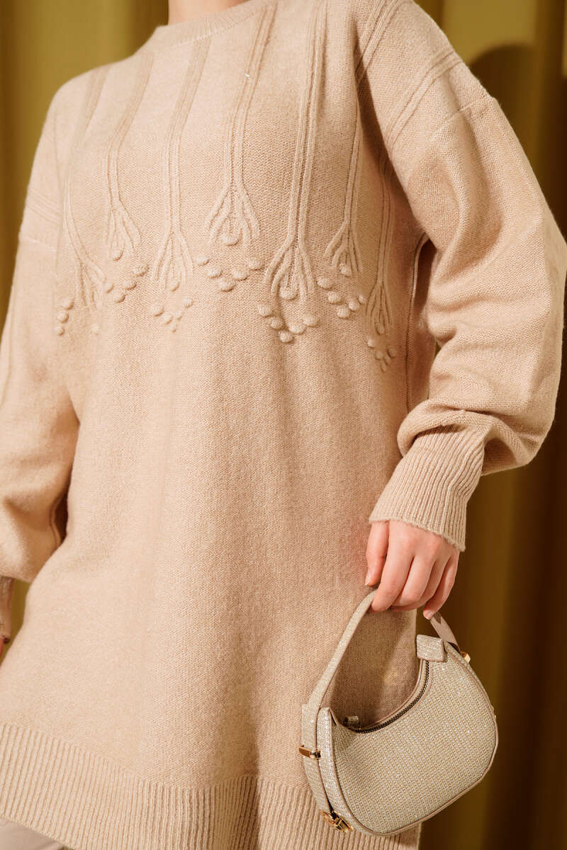Soft Knit Tunic with Embossed Clusters - Latte