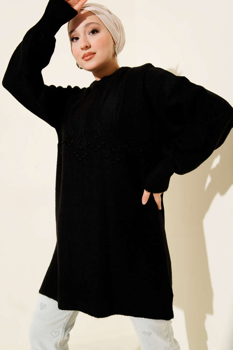 Soft Knit Tunic with Embossed Clusters - Black
