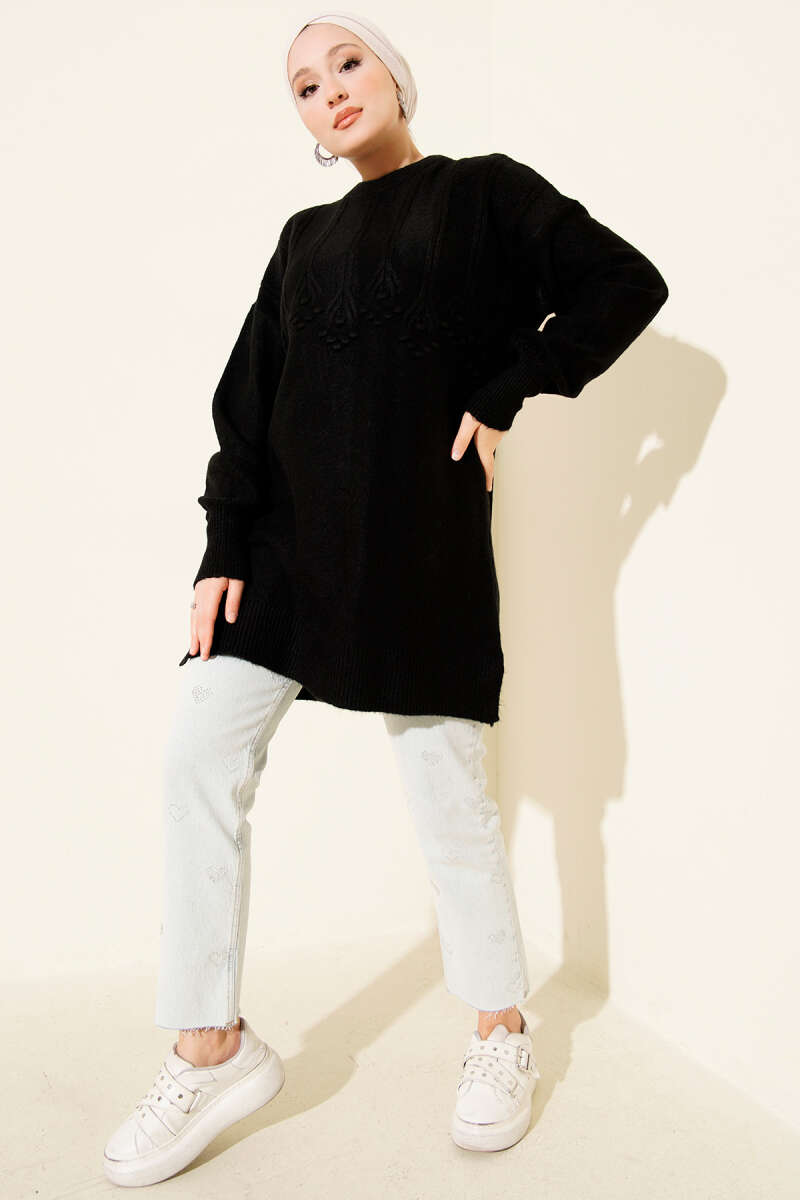 Soft Knit Tunic with Embossed Clusters - Black