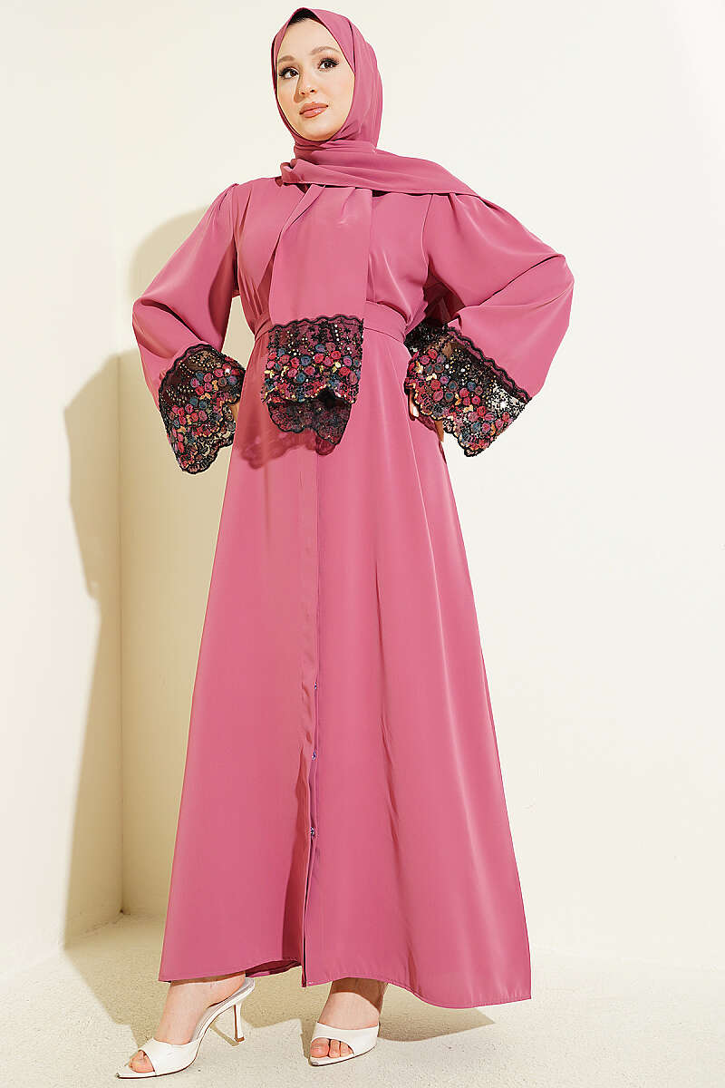 Abaya Dress with Shawl and Floral Embellishment - Dusty Rose