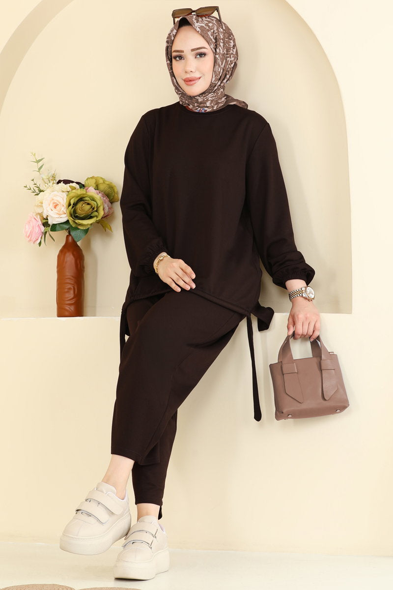 Modal Two-Piece Set with Harem Trousers - Dark Brown
