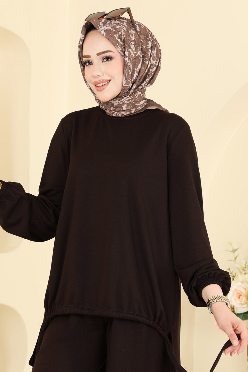 Modal Two-Piece Set with Harem Trousers - Dark Brown