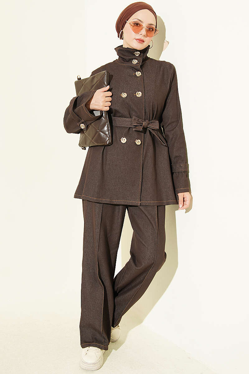 Denim Two-Piece Set with Shell Buttons - Dark Brown