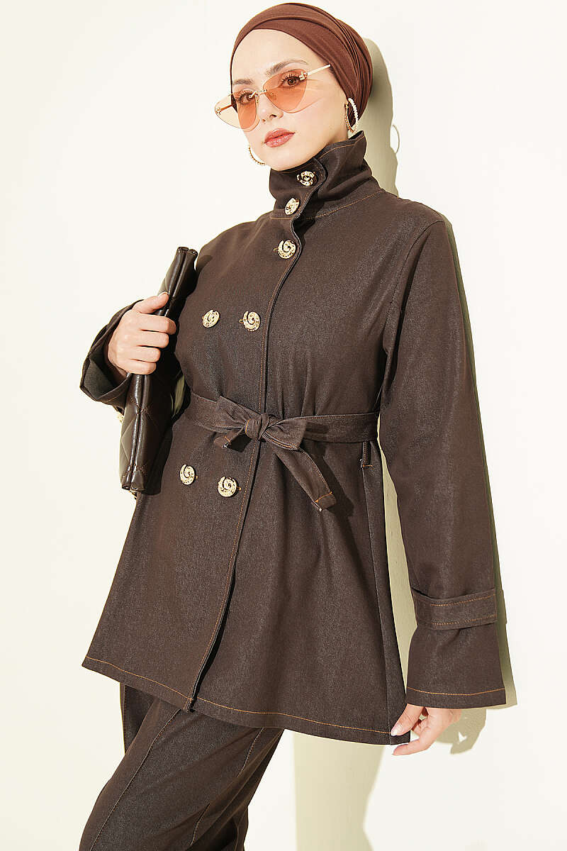 Denim Two-Piece Set with Shell Buttons - Dark Brown