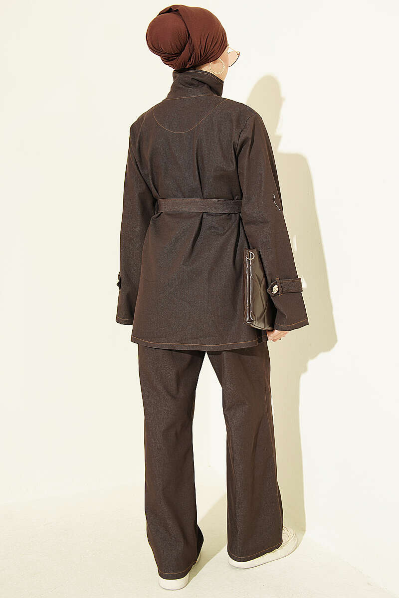 Denim Two-Piece Set with Shell Buttons - Dark Brown