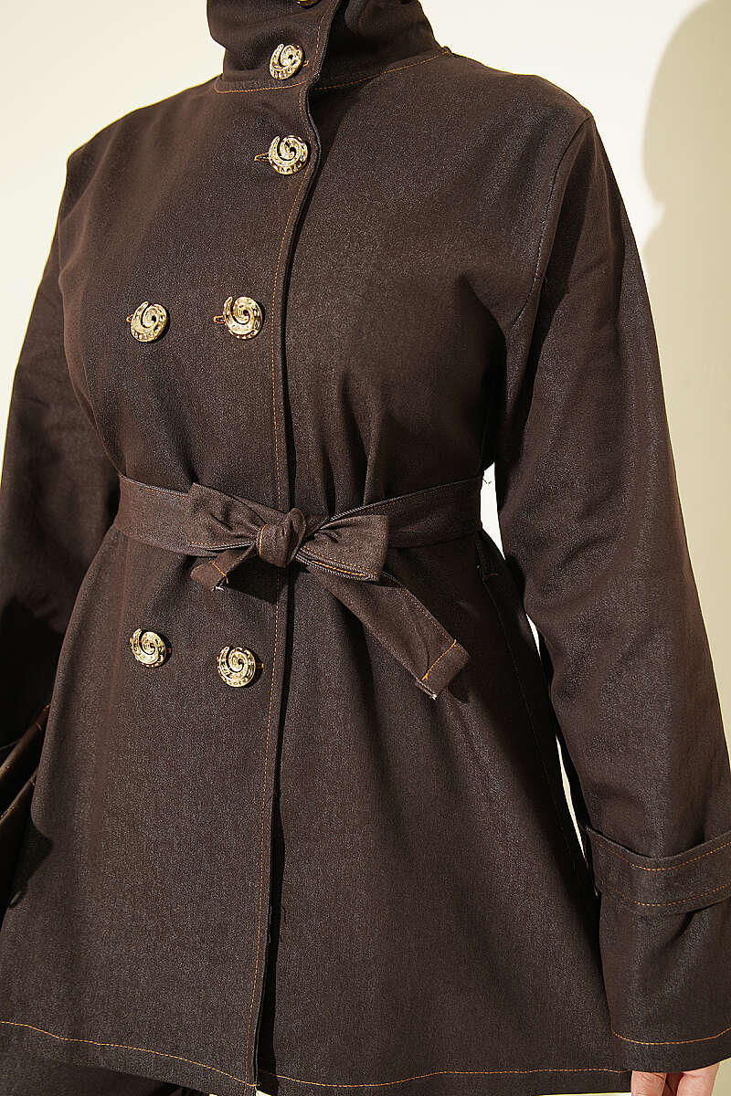Denim Two-Piece Set with Shell Buttons - Dark Brown