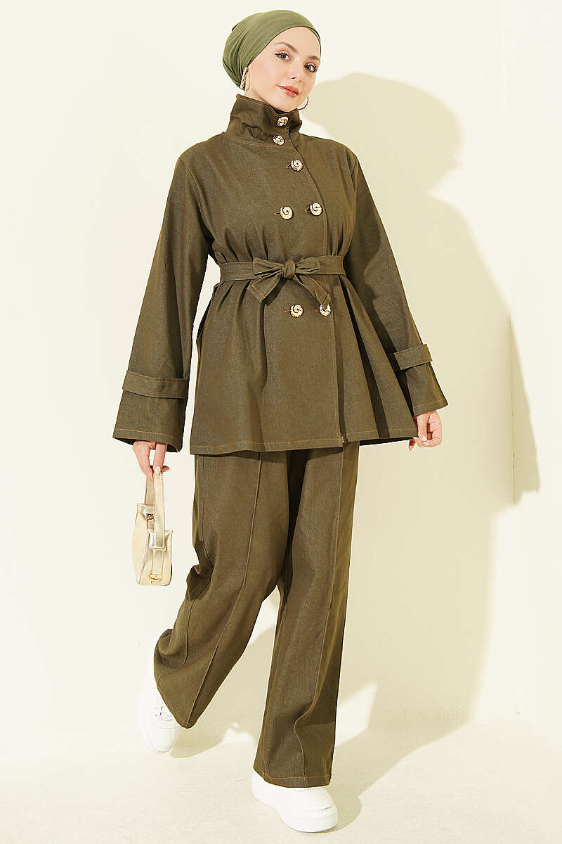 Denim Two-Piece Set with Shell Buttons - Khaki