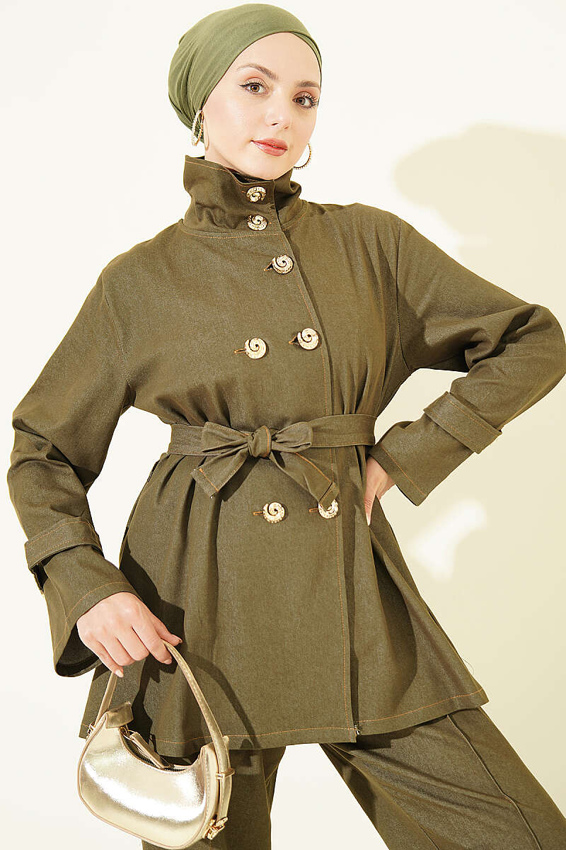 Denim Two-Piece Set with Shell Buttons - Khaki