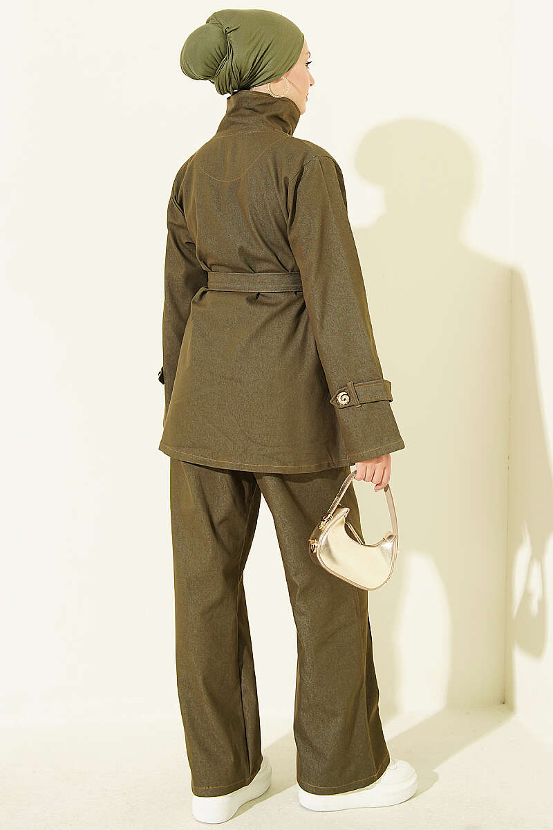 Denim Two-Piece Set with Shell Buttons - Khaki