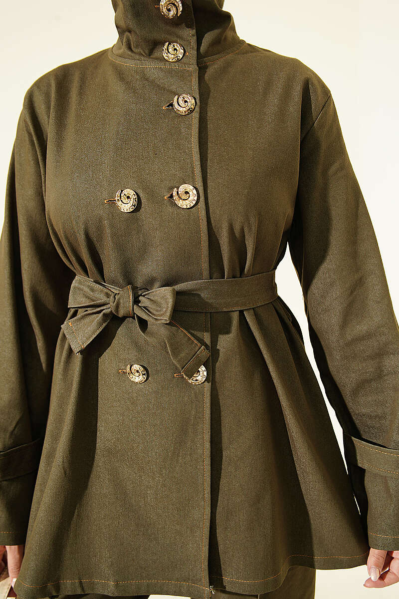Denim Two-Piece Set with Shell Buttons - Khaki