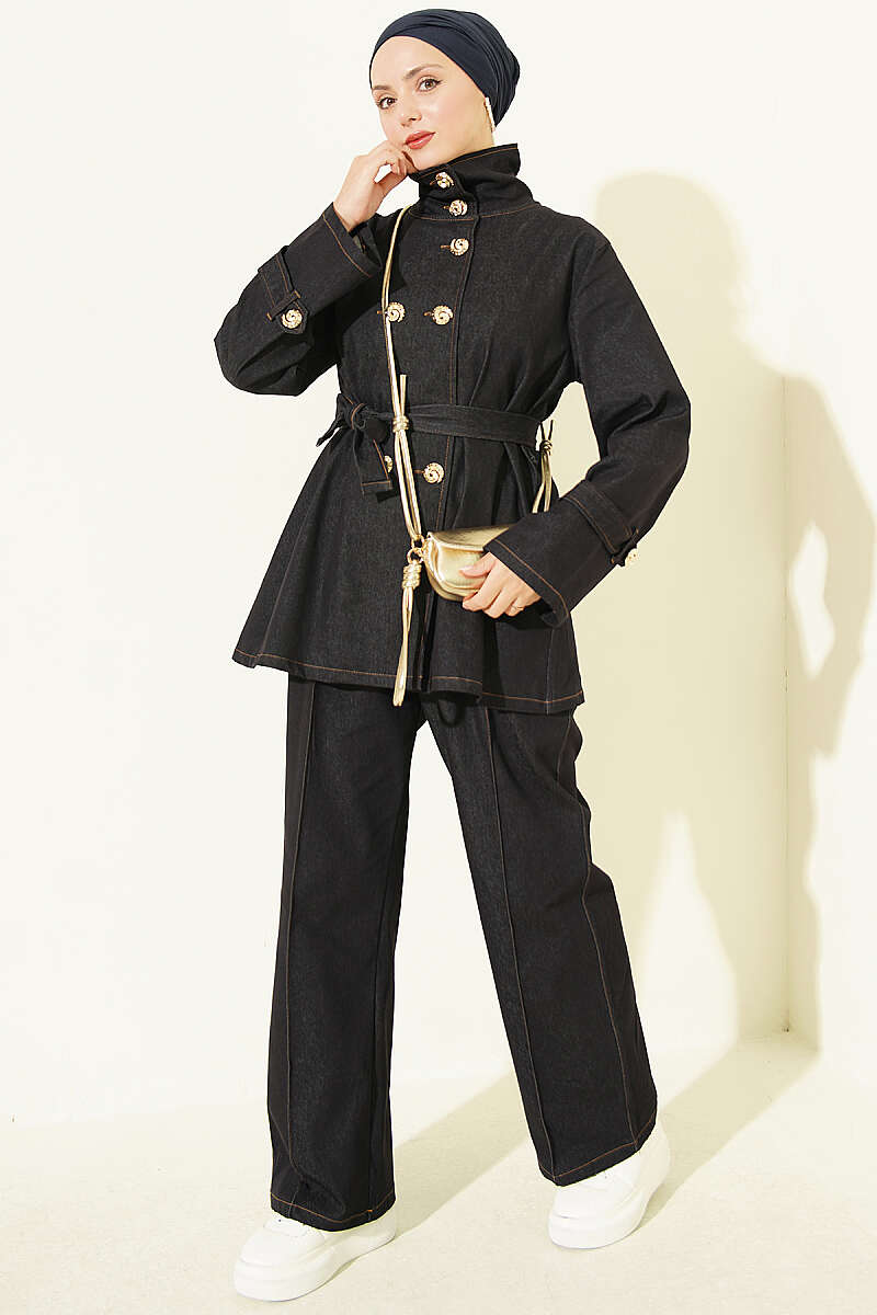 Denim Two-Piece Set with Shell Buttons - Navy