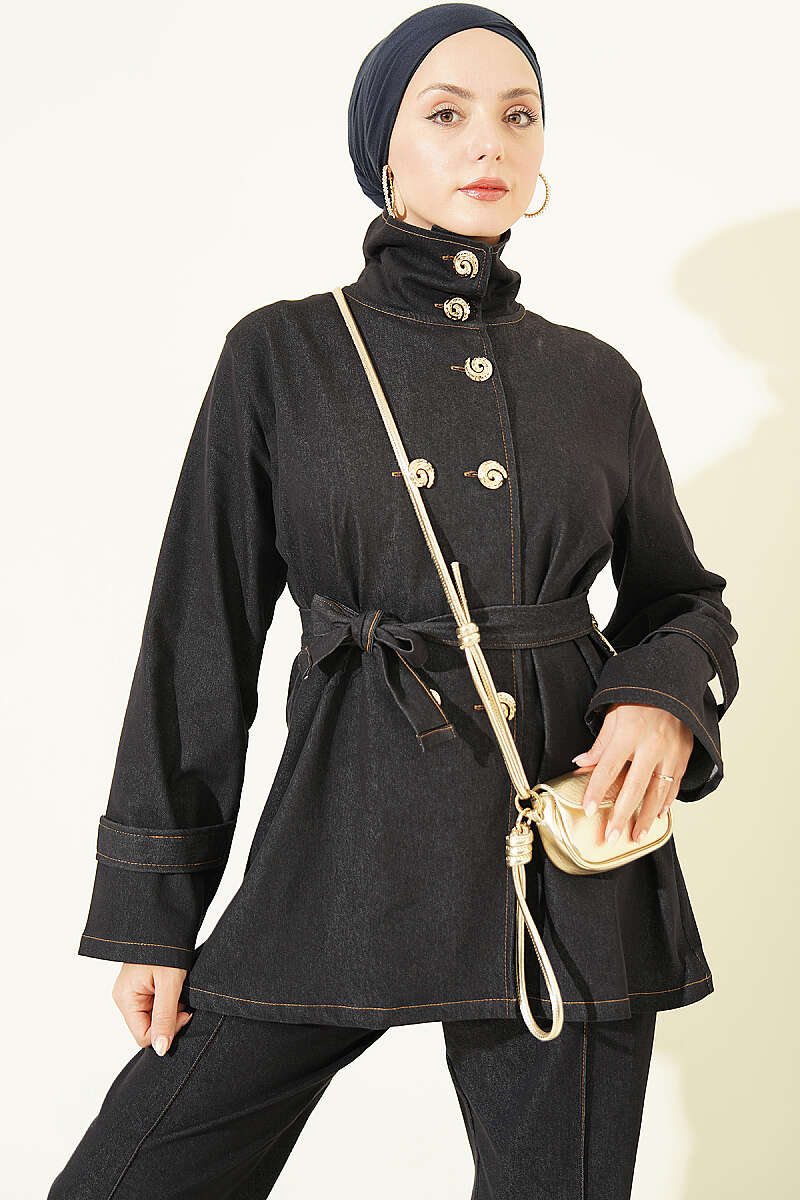 Denim Two-Piece Set with Shell Buttons - Navy